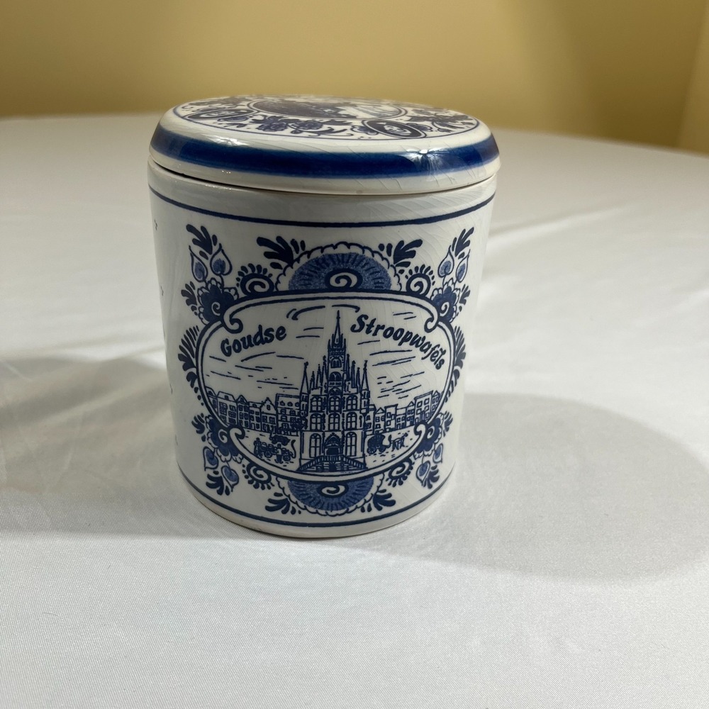 Delft Blauw Handpainted Goudse Stroopwafels Jar Lid Windmill Holland Blue White